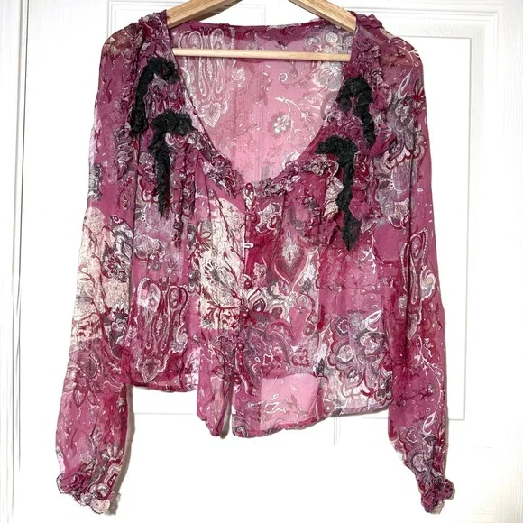 Stefanel VTG Y2K Silk Sheer Paisley Blouse Lace Trim Pearl Romantic Whimsical S - Picture 2 of 11